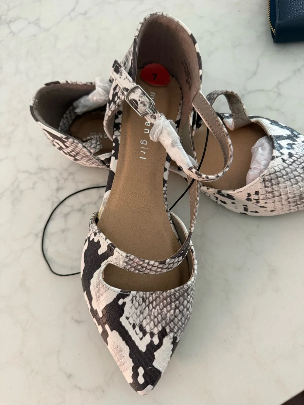 Women's Madden Girl Pointed Snake-Print Ankle-Strap Flats in Black & White